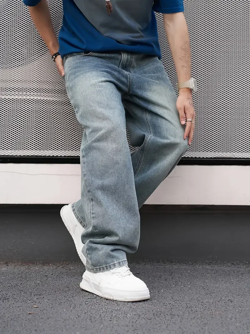 Men'S Casual Straight Wash Jeans - Light Blue, Loose Fit, Oblique Pocket, Comfortable Blend, Suitable For Casual Wear