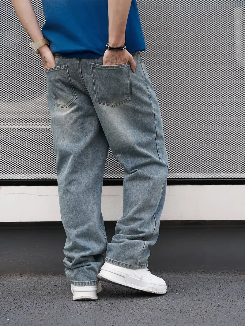 Men'S Casual Straight Wash Jeans - Light Blue, Loose Fit, Oblique Pocket, Comfortable Blend, Suitable For Casual Wear