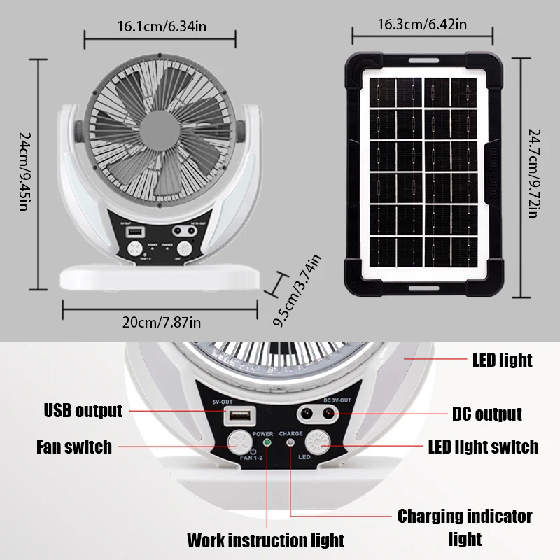 2pcs solar-powered multifunctional fan, LED emergency light bulb, USB charging, night light feature, can charge mobile phones