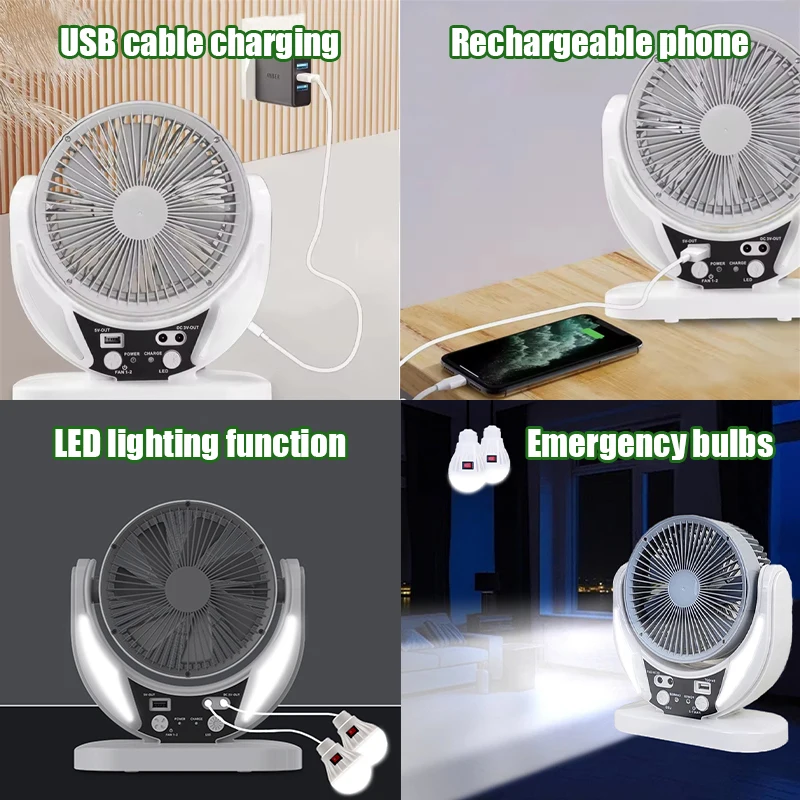 2pcs solar-powered multifunctional fan, LED emergency light bulb, USB charging, night light feature, can charge mobile phones