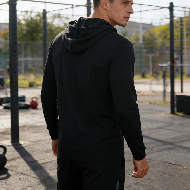 5pcs Men's T-shirt Sports Long Sleeved Shirts Hooded Solid Color Breathable Casual Shirt Suitable for Running And Fitness