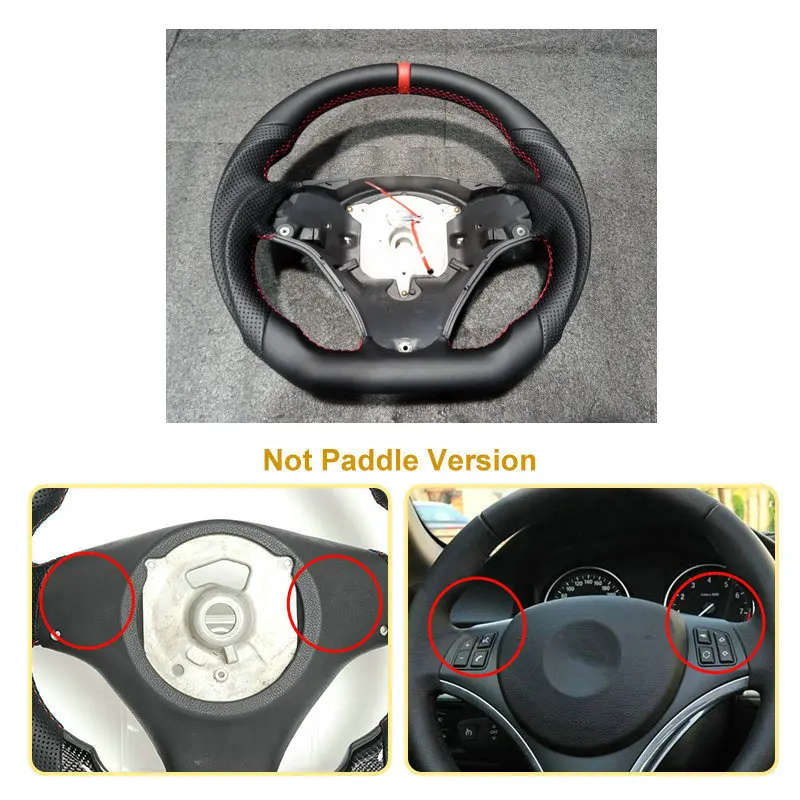 Full Leather Flat Bottom Steering Wheel For BMW E90 E91 E92 E93 E89 328i 335i 325i 2005-2012 Steering Wheel With Paddle Holes Red Top Stripe