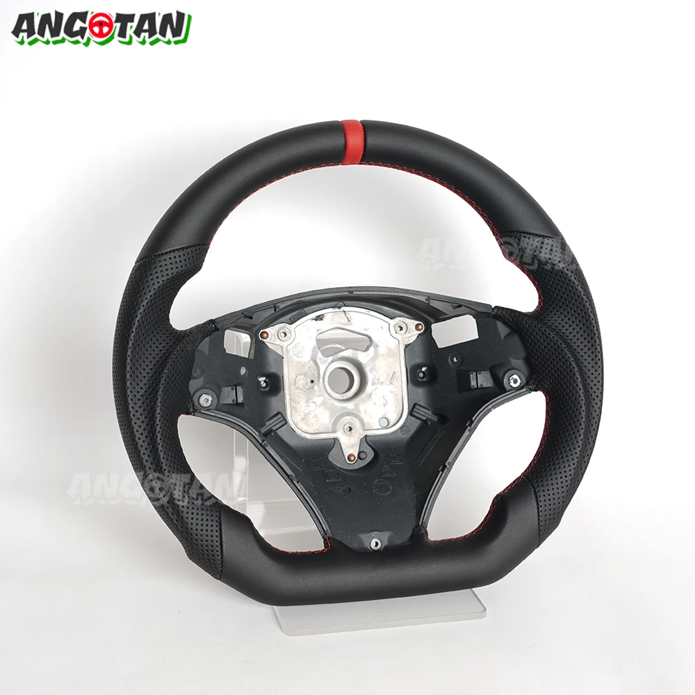 Full Leather Flat Bottom Steering Wheel For BMW E90 E91 E92 E93 E89 328i 335i 325i 2005-2012 Steering Wheel With Paddle Holes Red Top Stripe
