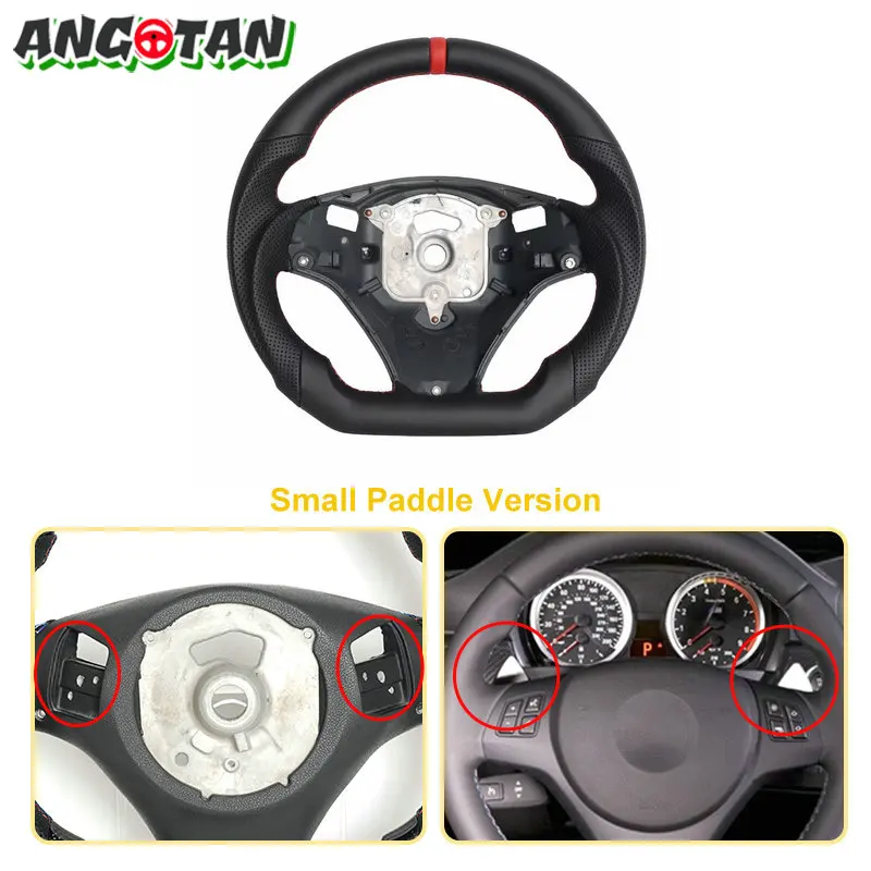 Full Leather Flat Bottom Steering Wheel For BMW E90 E91 E92 E93 E89 328i 335i 325i 2005-2012 Steering Wheel With Paddle Holes Red Top Stripe