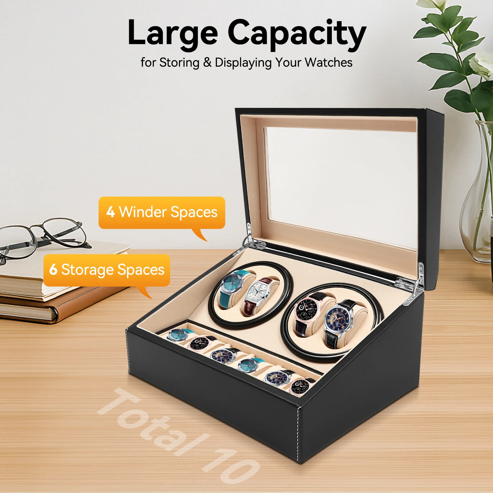 4+6 Brown/Black Watch Winder Automatic Rotation Leather Storage Watch Display Box Case Holder for Store Display, Home Decoration