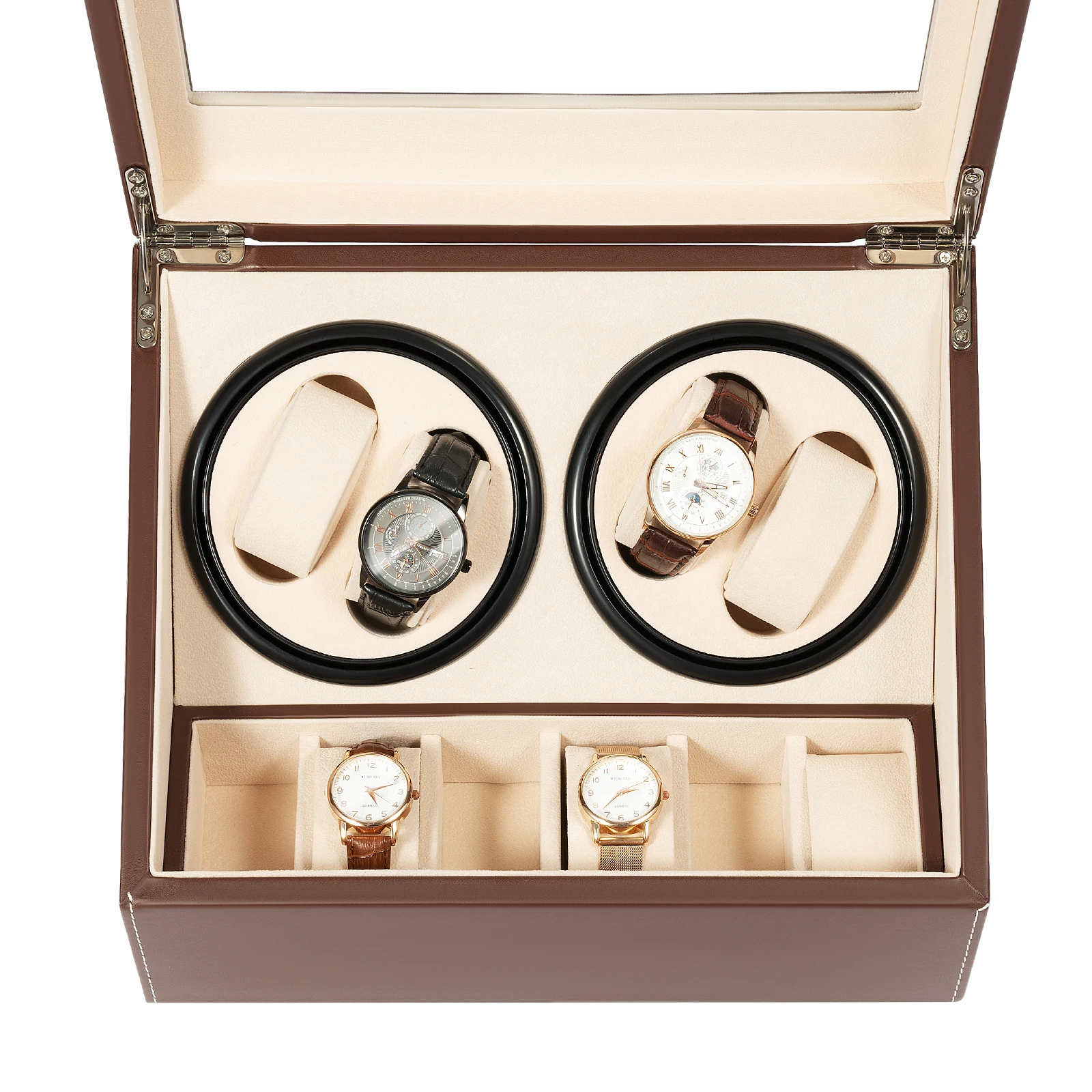 4+6 Brown/Black Watch Winder Automatic Rotation Leather Storage Watch Display Box Case Holder for Store Display, Home Decoration