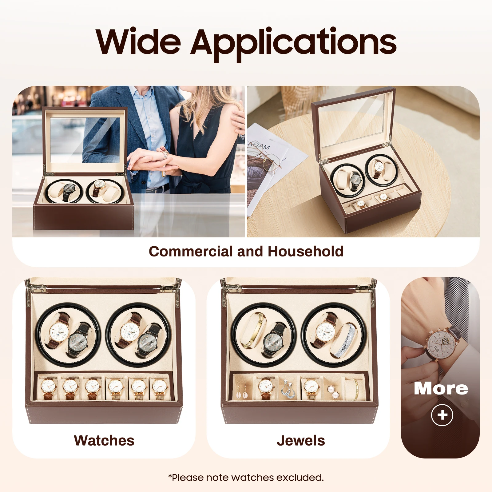 4+6 Brown/Black Watch Winder Automatic Rotation Leather Storage Watch Display Box Case Holder for Store Display, Home Decoration