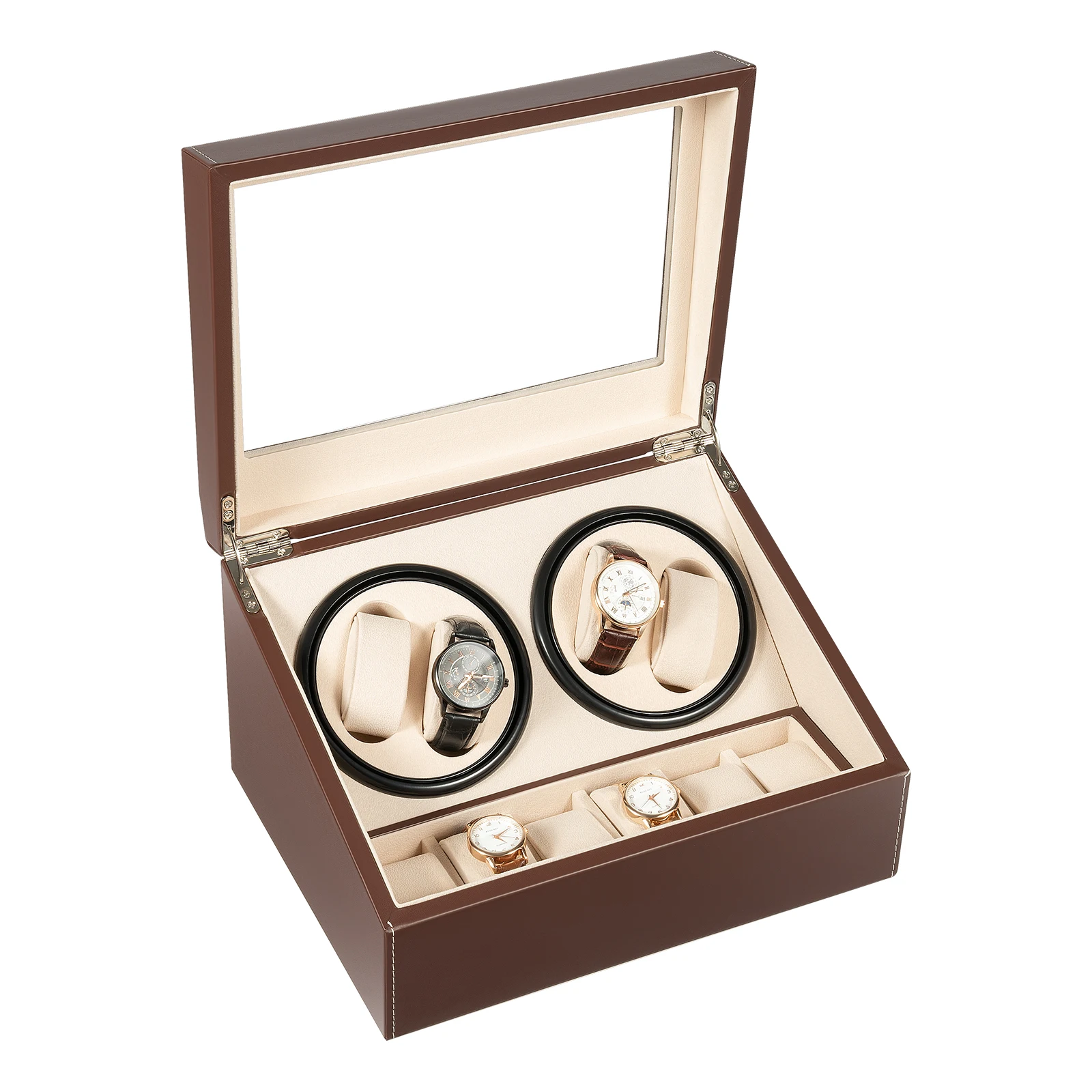 4+6 Brown/Black Watch Winder Automatic Rotation Leather Storage Watch Display Box Case Holder for Store Display, Home Decoration