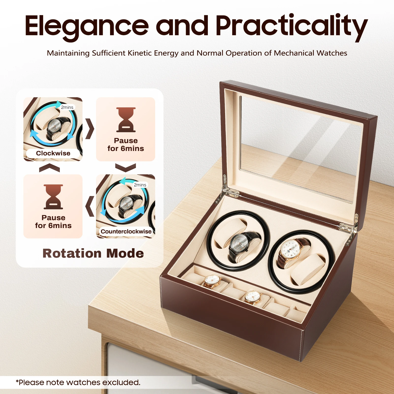 4+6 Brown/Black Watch Winder Automatic Rotation Leather Storage Watch Display Box Case Holder for Store Display, Home Decoration