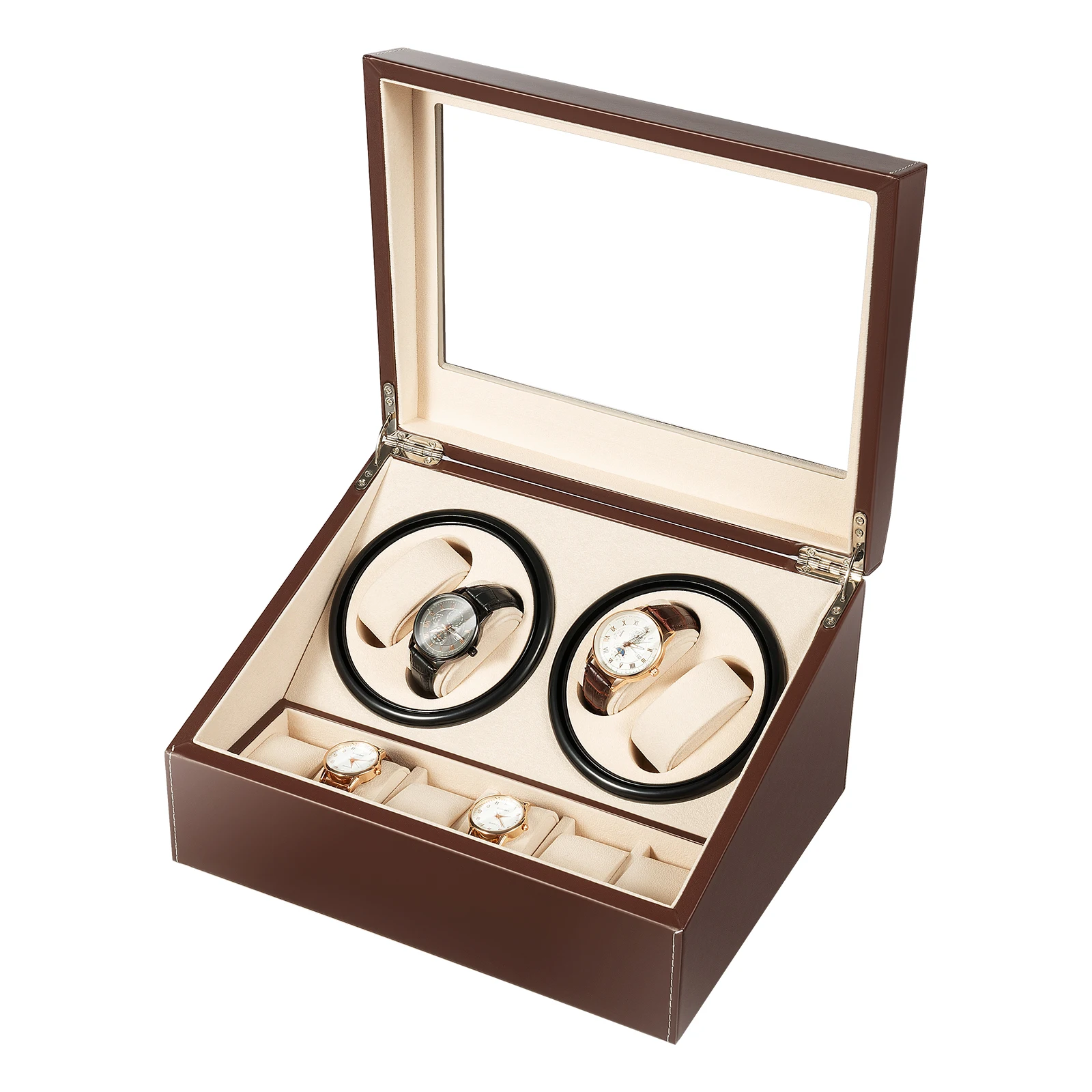 4+6 Brown/Black Watch Winder Automatic Rotation Leather Storage Watch Display Box Case Holder for Store Display, Home Decoration