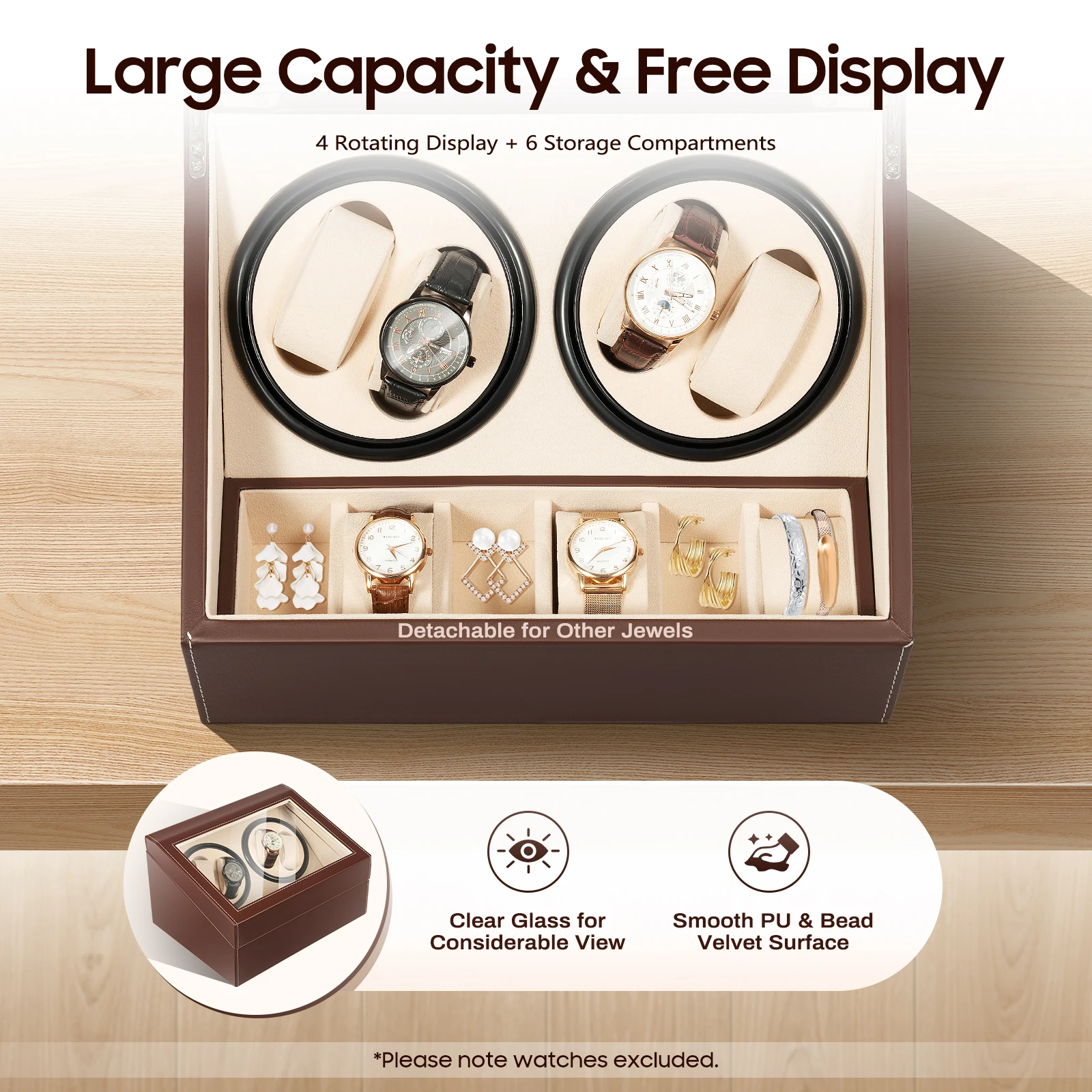4+6 Brown/Black Watch Winder Automatic Rotation Leather Storage Watch Display Box Case Holder for Store Display, Home Decoration