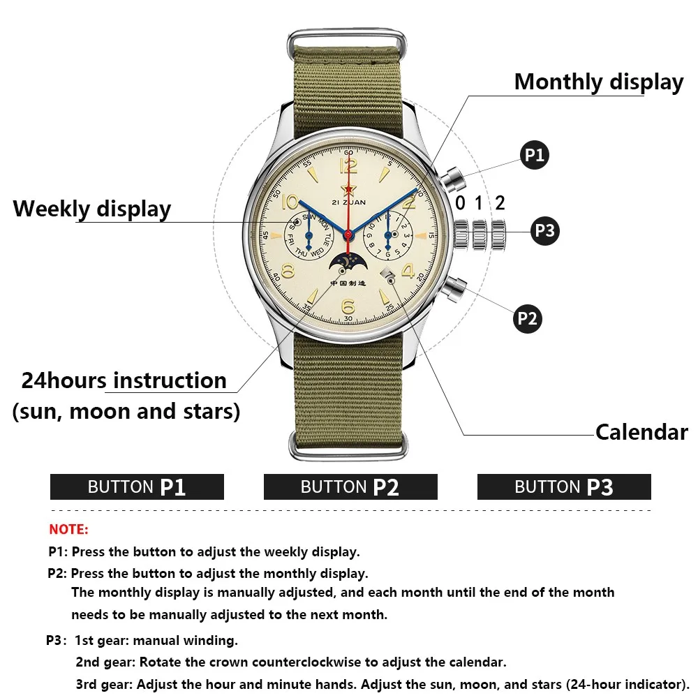 Seakoss 40mm1963 MultiFunction Men's Automatic Watches Calendar Week Month Sapphire Glass Nylon Strap 1963 Pilot Mechanical Watch