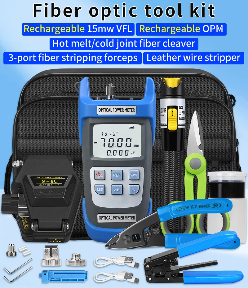 Fiber Optic Tool Kit With S-6C Fiber Cleaver Optical Power Meter(OPM) 15mw Visual Fault Locator(VFL) Fiber Stripper FTTH Tools