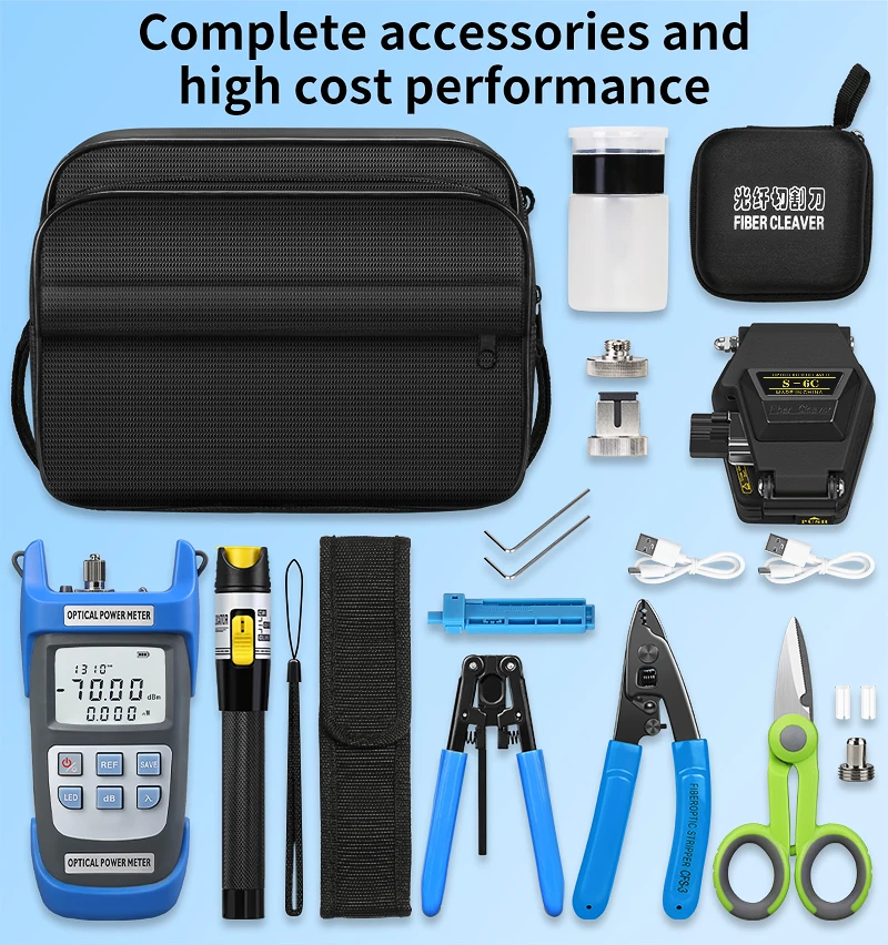Fiber Optic Tool Kit With S-6C Fiber Cleaver Optical Power Meter(OPM) 15mw Visual Fault Locator(VFL) Fiber Stripper FTTH Tools