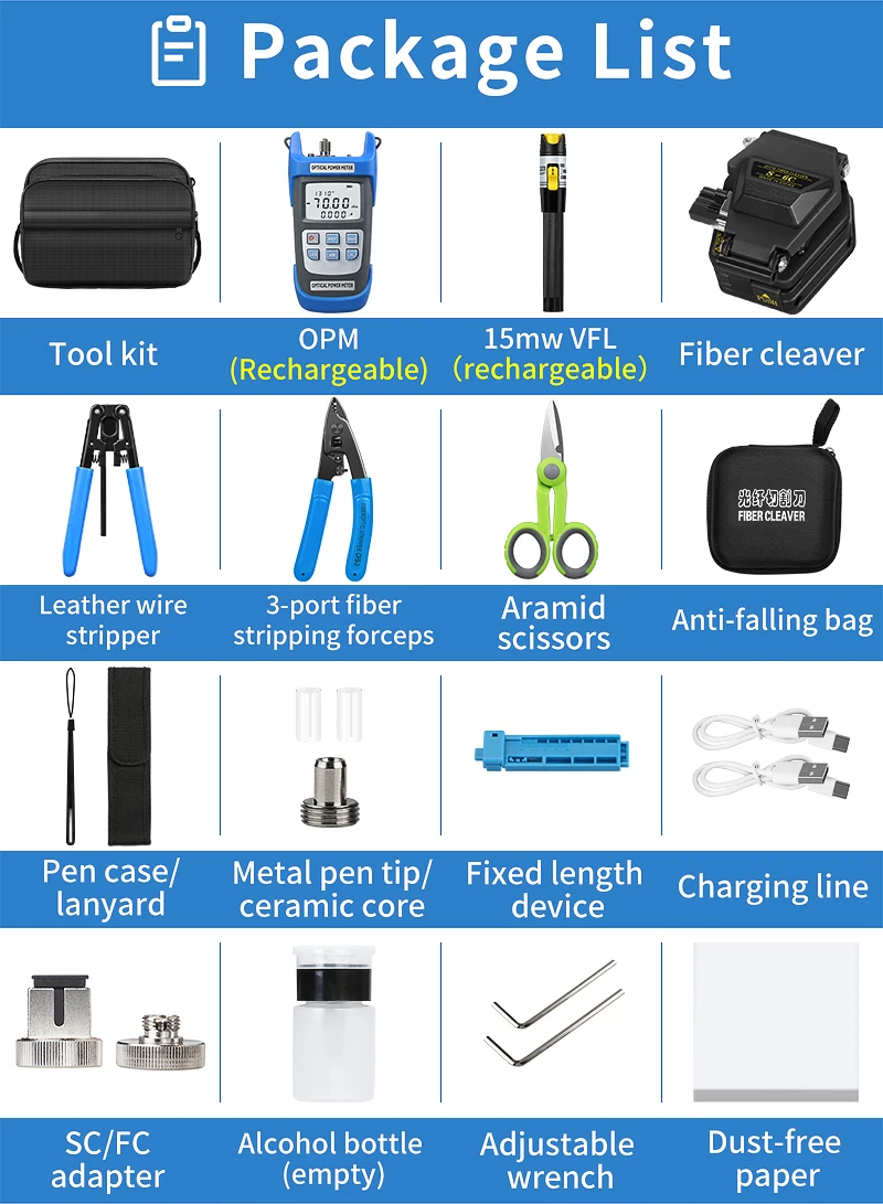 Fiber Optic Tool Kit With S-6C Fiber Cleaver Optical Power Meter(OPM) 15mw Visual Fault Locator(VFL) Fiber Stripper FTTH Tools