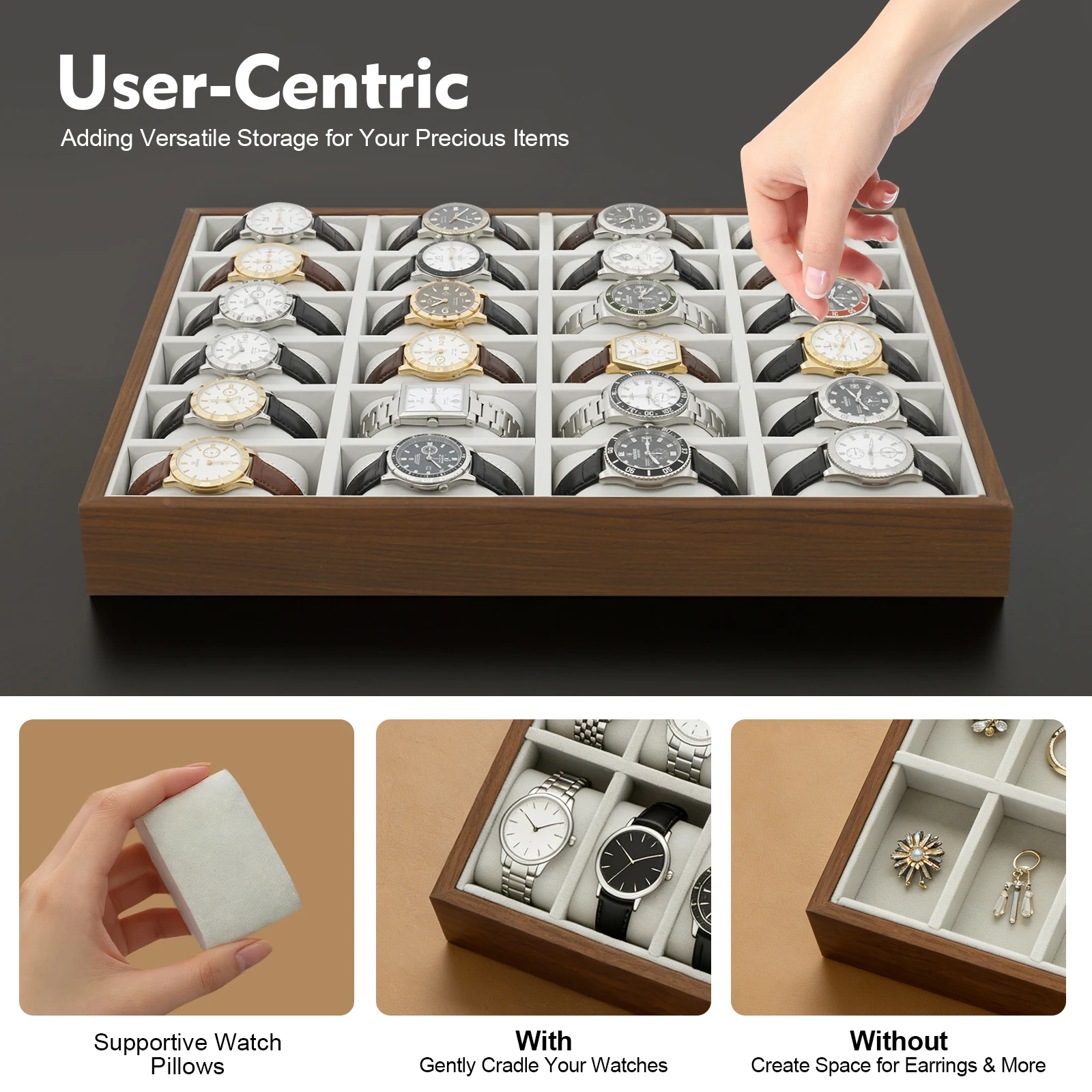 24 Slots Watch Box Organizer for Men Black Watch Holder Stand Display Storage Case