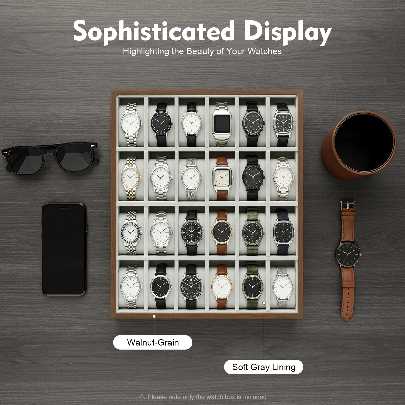 24 Slots Watch Box Organizer for Men Black Watch Holder Stand Display Storage Case