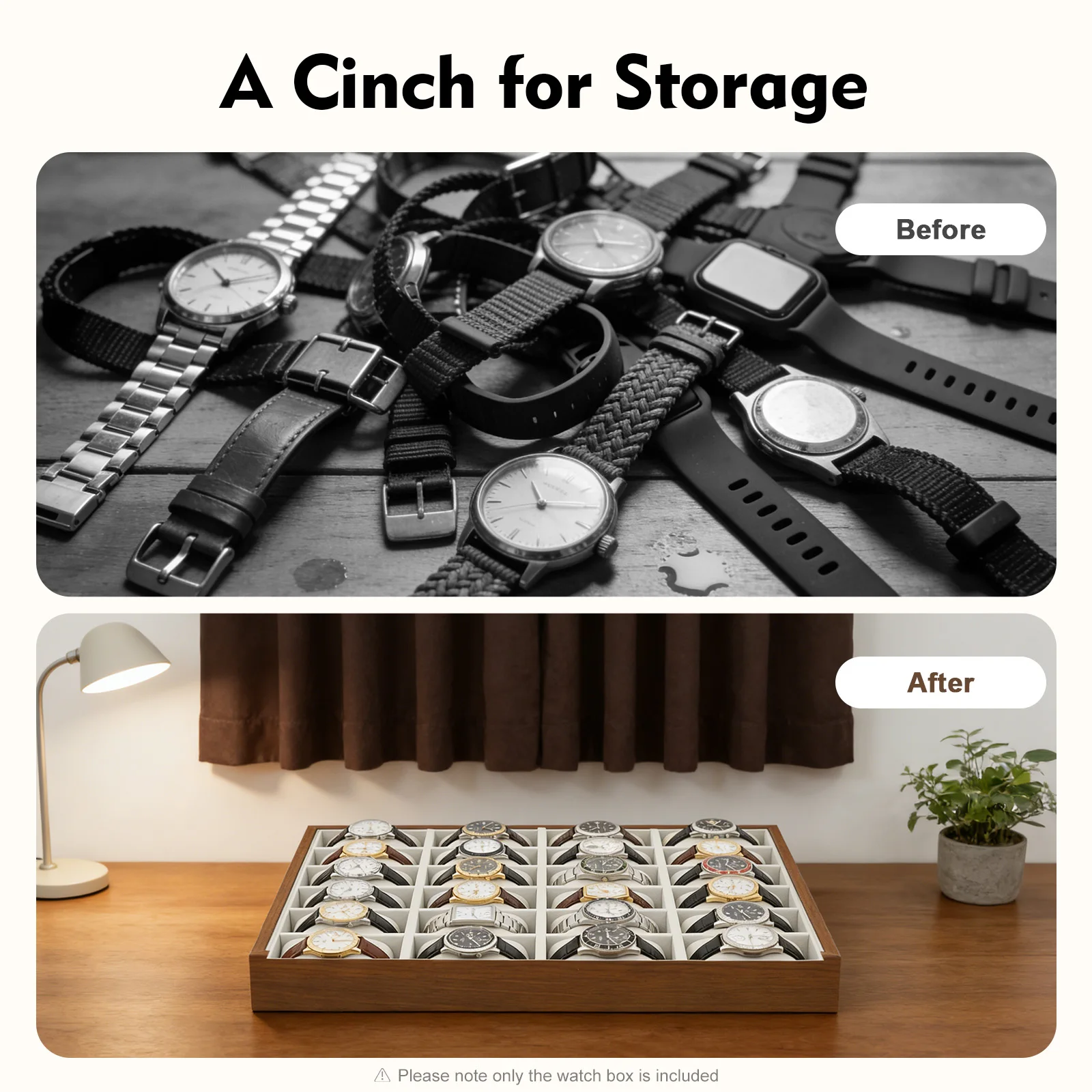 24 Slots Watch Box Organizer for Men Black Watch Holder Stand Display Storage Case