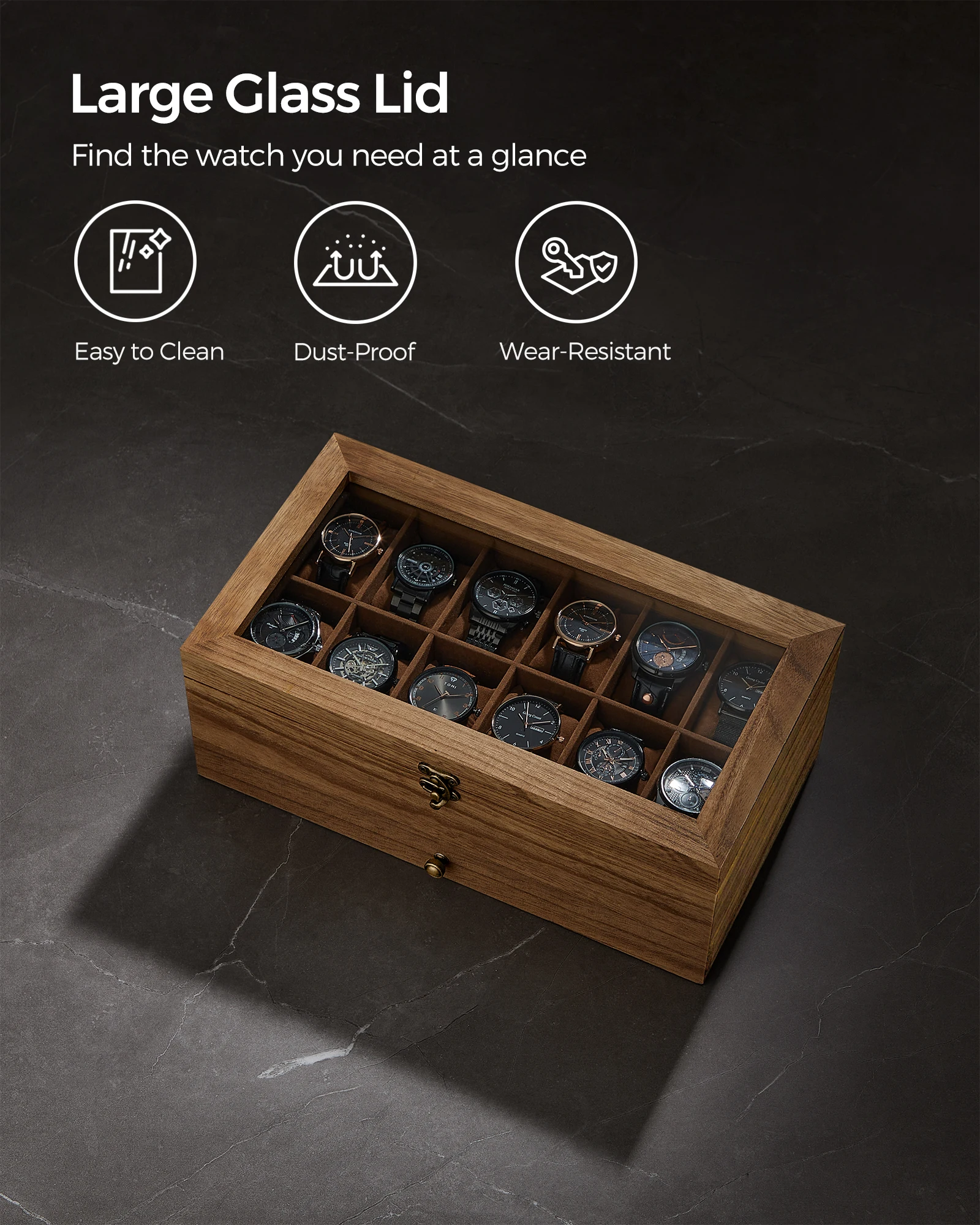 SONGMICS 12-Slot Watch Box, 2-Tier Watch Display Case with Large Glass Lid, Removable Watch Pillows, Velvet Lining, Jewelry Box