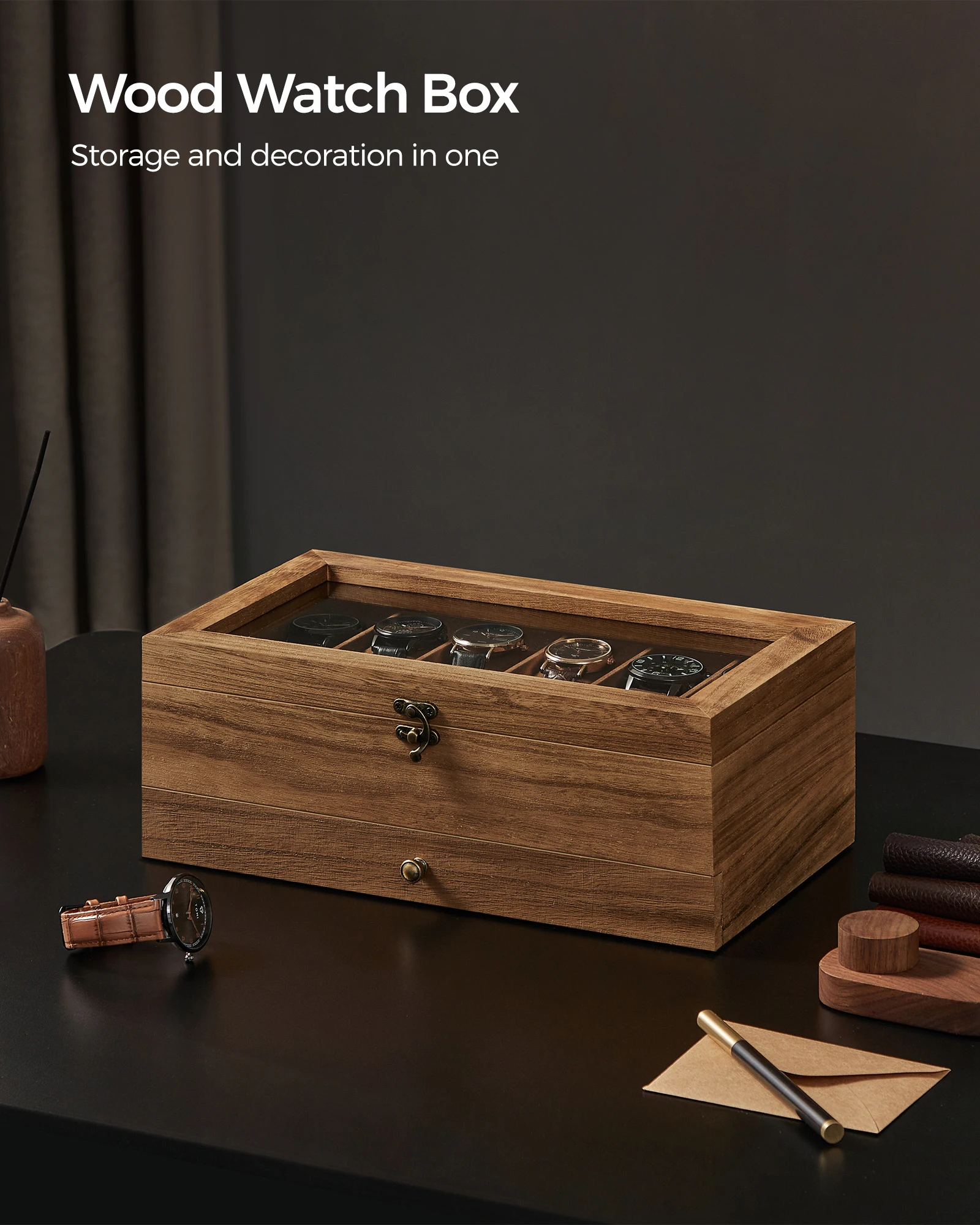 SONGMICS 12-Slot Watch Box, 2-Tier Watch Display Case with Large Glass Lid, Removable Watch Pillows, Velvet Lining, Jewelry Box