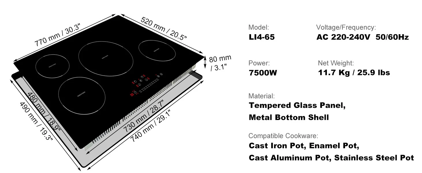 SucceBuy 4 Burners 30'' Electric Cooktop Induction Stove Top Built-in Magnetic Cooktop with 9 Heating Level Touch Screen Burner
