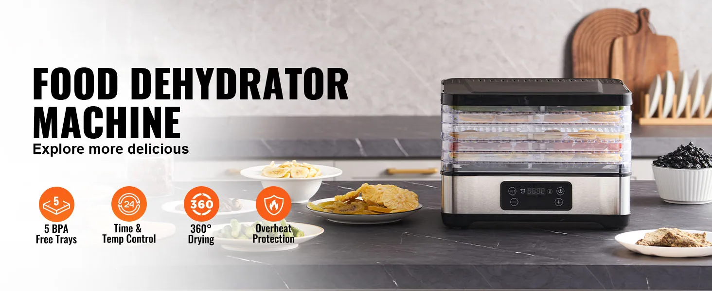 SucceBuy 5 Tray Food Dehydrator Machine 300W Stainless Steel Electric Food Dryer w/ Digital Adjustable Timer & Temperature