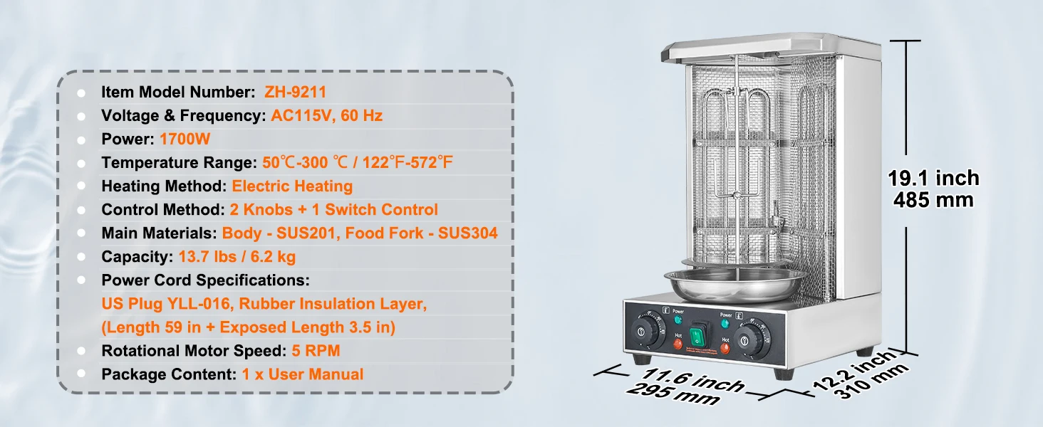 SucceBuy Shawarma Grill Machine 13lbs Chicken Shawarma Cooker Machine Electric Vertical Broiler Gyro Rotisserie Oven Doner Kebab