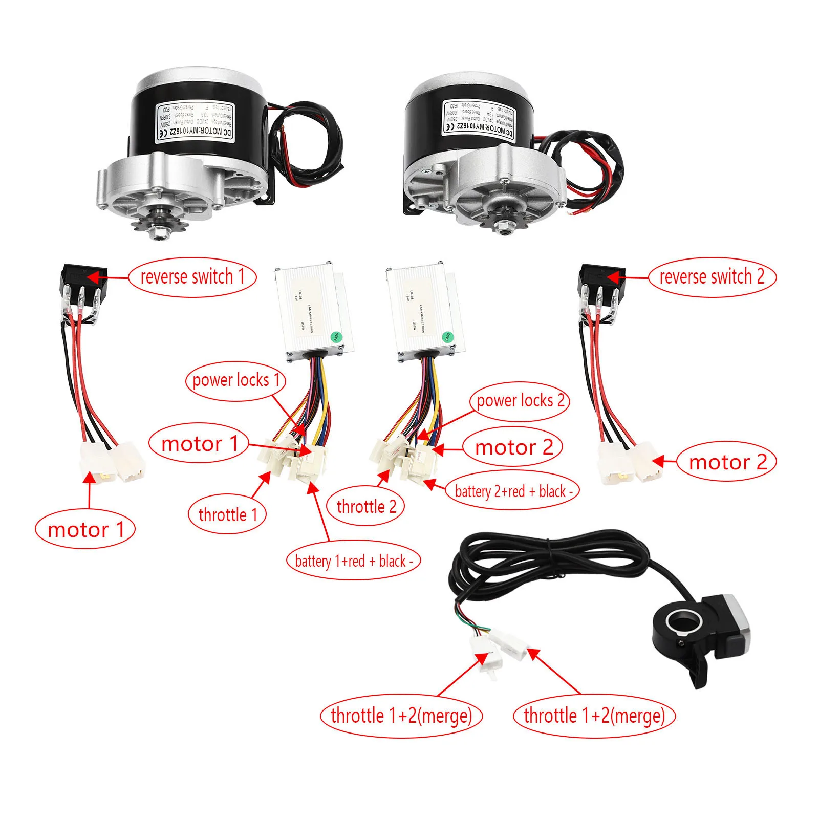 24V/250W 36V/350W Electric Scooter Conversion Kit 10" Dual Wheels Brush Gear Motor Drive Air Wheel w/Reverse Gear+Thumb Throttle
