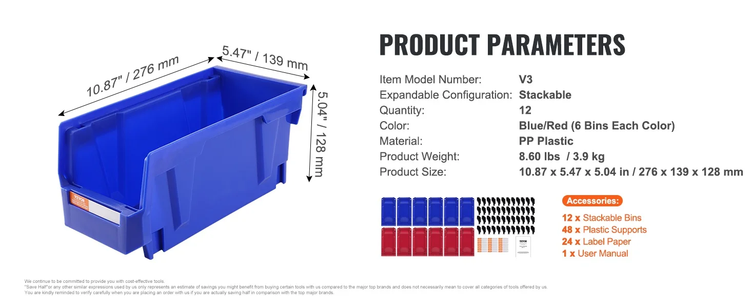 SucceBuy Parts Bin 12pcs 5x5x10in Blue/Red Stackable Plastic Garage Tool Storage Box Container Organizer Bin for Closet Garage