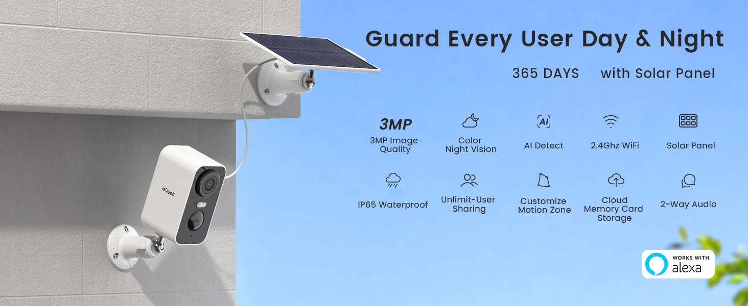 ieGeek 2K Telecamera di sicurezza solare senza fili all'aperto con visione notturna a colori, sistemi di telecamere CCTV a batte
