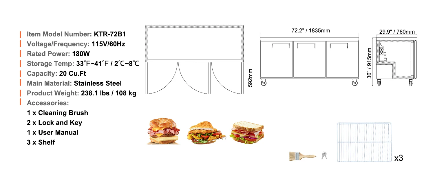 SucceBuy 72" Commercial Refrigerator Sandwich & Salad Prep Table 20Cu.Ft Food Prep Frost Free Refrigerator for Restaurant Bar