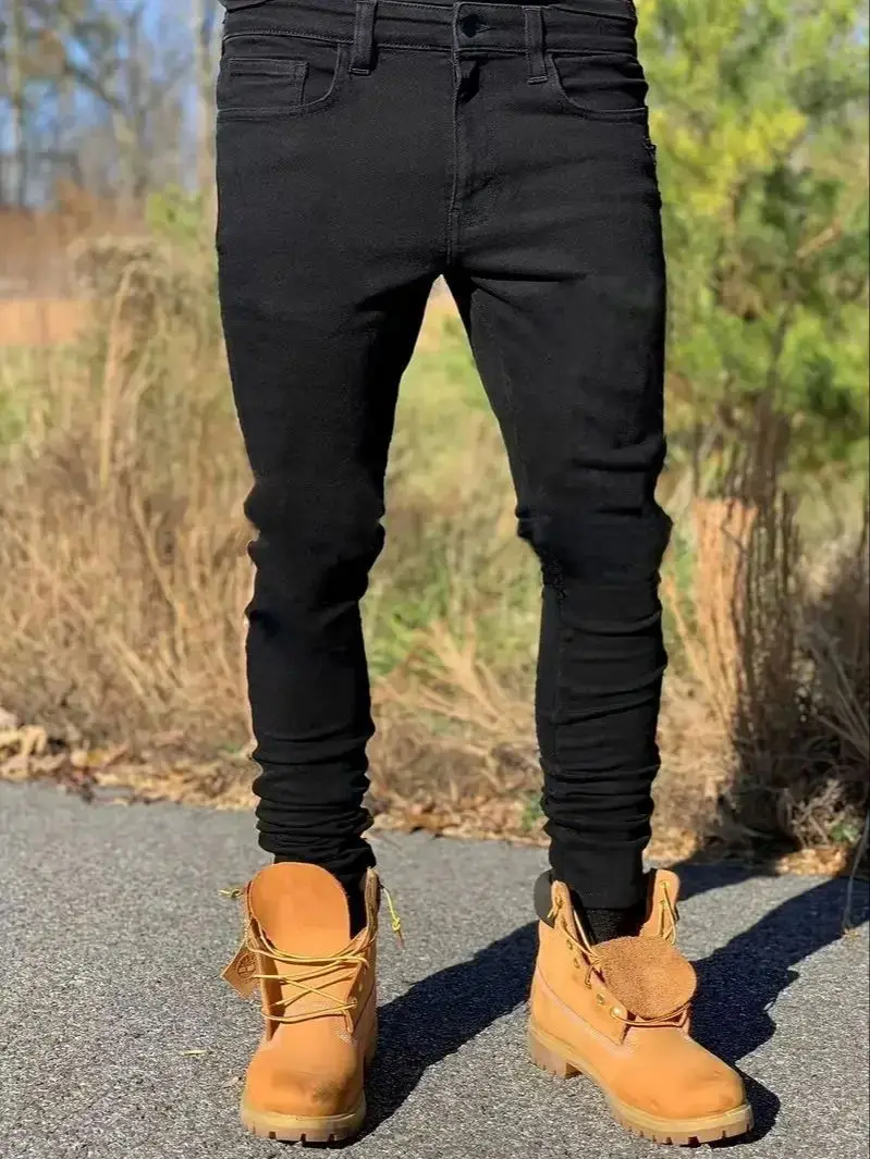 Slim-fit Men's Washed Jeans Casual Straight Leg Trousers for Men Dark Blue Jeans