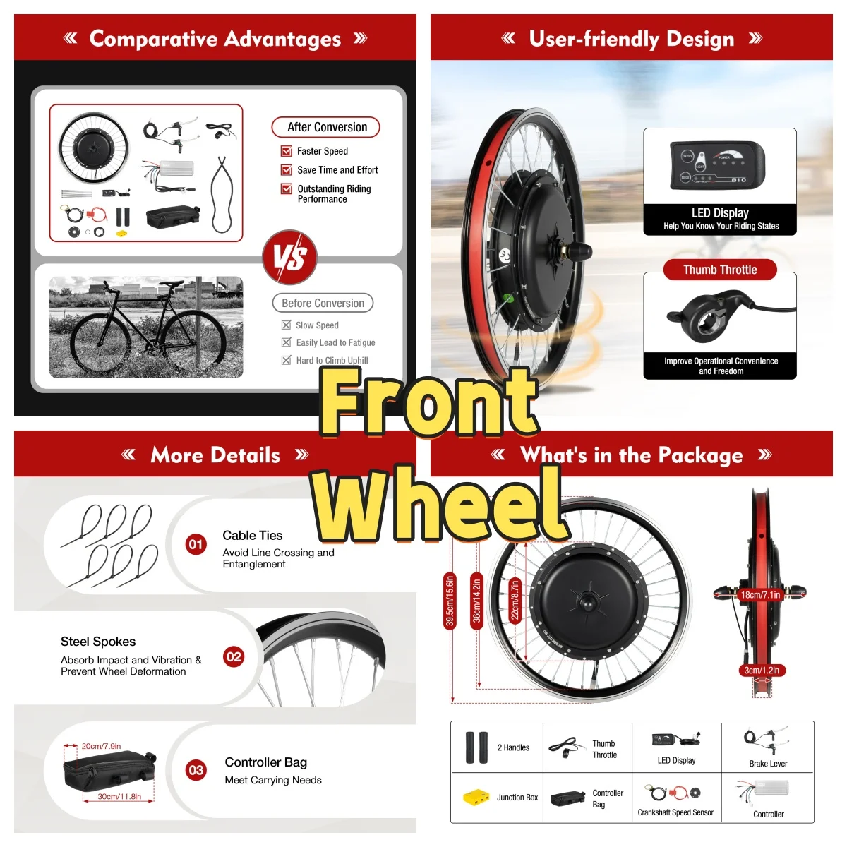 20" 48V 1000W Front/Rear Wheel Conversion Ki Powerful Hub Motor Kit with SW-810LED Display
