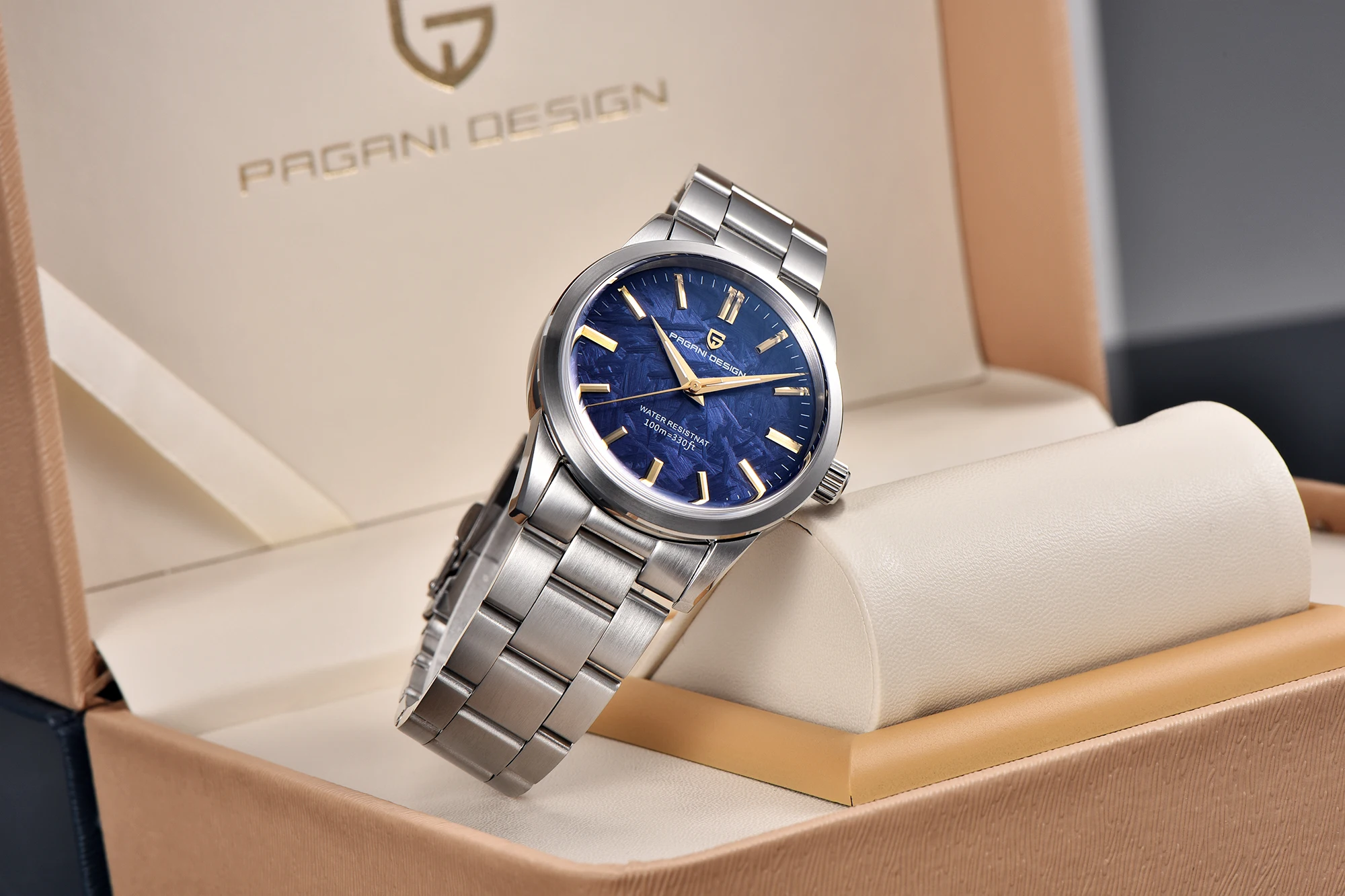 PAGANI DESIGN Men's 40mm Stainless Steel Quartz Watch, Blue Dial, Sapphire Crystal, VH31 Movement, 100m Water Resistant PD-1734