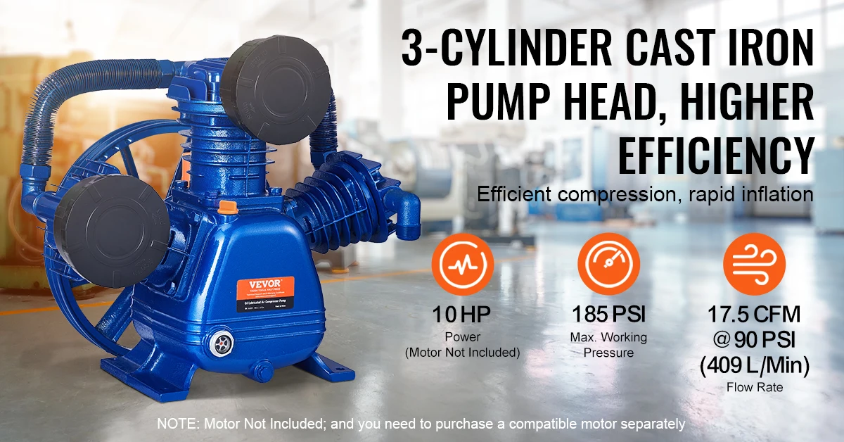 SucceBuy 10HP Air Compressor Pump Head 90PSI 3-Cylinder Oil Lubricated Compressor Piston Head Dual Stage V-Type Air Compressor