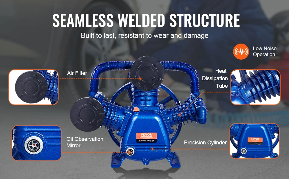 SucceBuy 10HP Air Compressor Pump Head 90PSI 3-Cylinder Oil Lubricated Compressor Piston Head Dual Stage V-Type Air Compressor