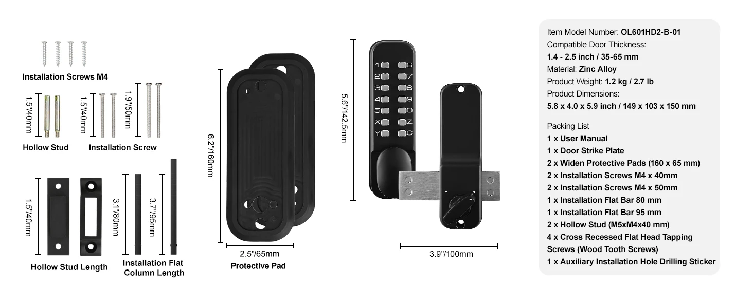 SucceBuy Mechanical Keyless Entry Door Lock 14 Digit Keypad Outdoor Gate Door Locks Set with Surface-mounted Latch Door Lock