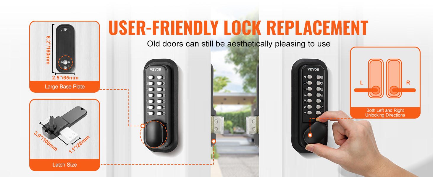 SucceBuy Mechanical Keyless Entry Door Lock 14 Digit Keypad Outdoor Gate Door Locks Set with Surface-mounted Latch Door Lock