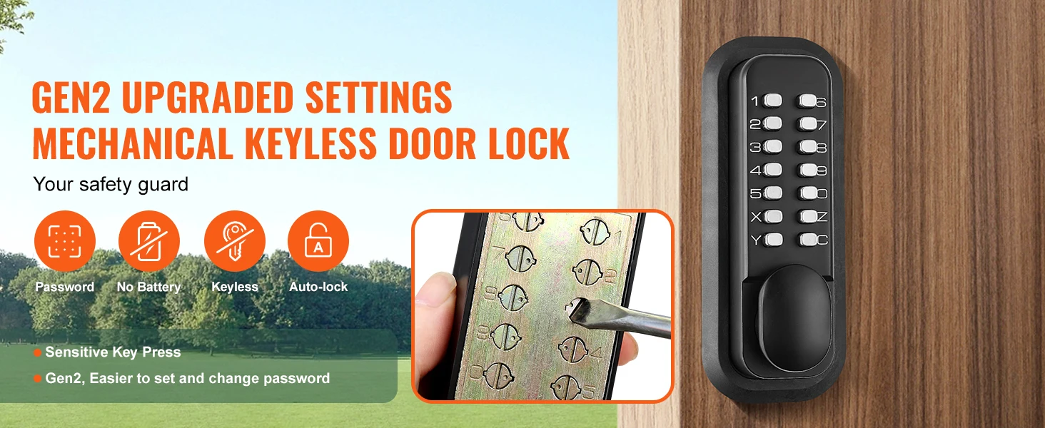 SucceBuy Mechanical Keyless Entry Door Lock 14 Digit Keypad Outdoor Gate Door Locks Set with Surface-mounted Latch Door Lock