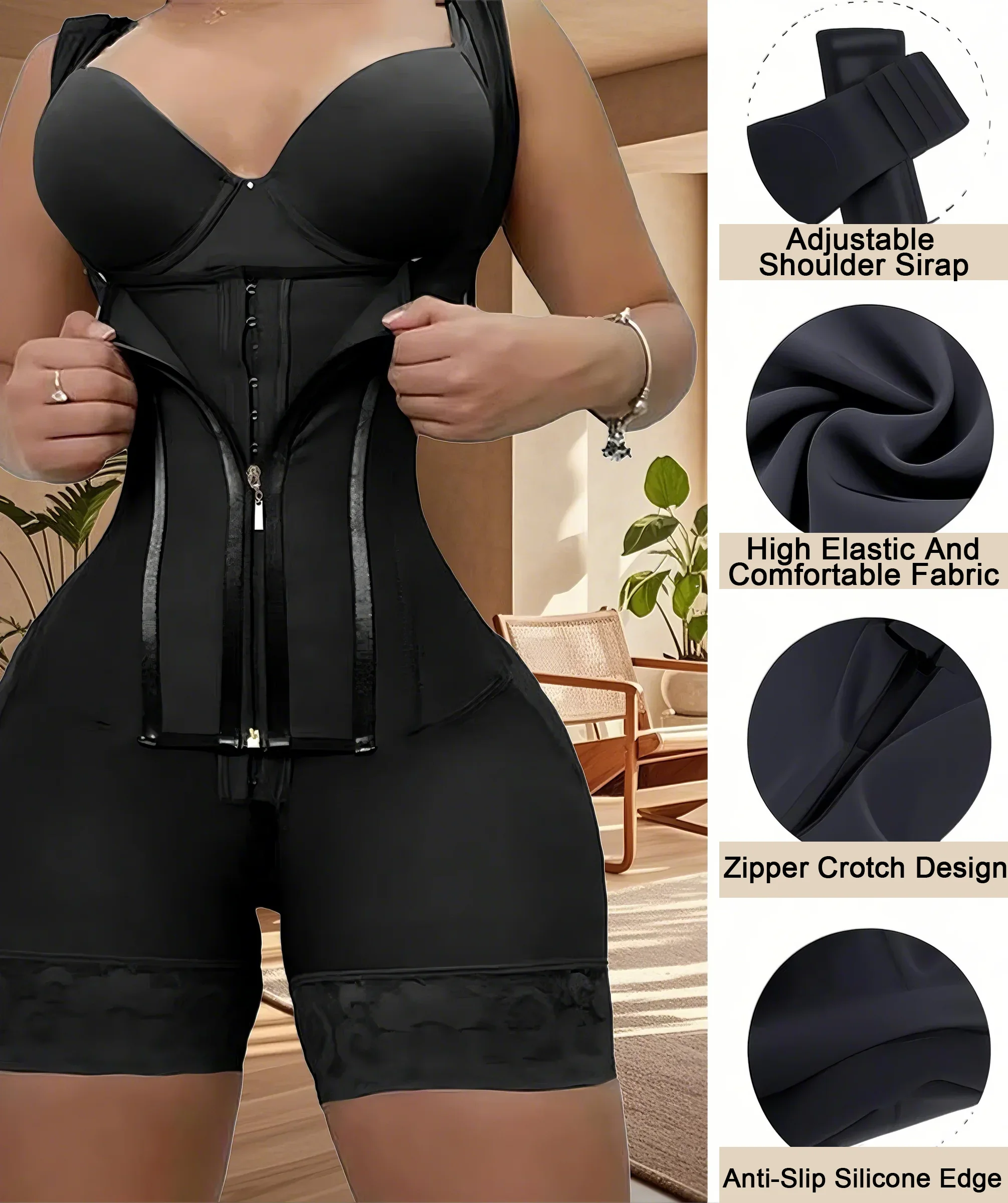 Women's Lace-Trimmed Shapewear Bodysuit - Tummy Control Corset with Adjustable Straps & Zipper, Black, Comfortable Waist Trainer