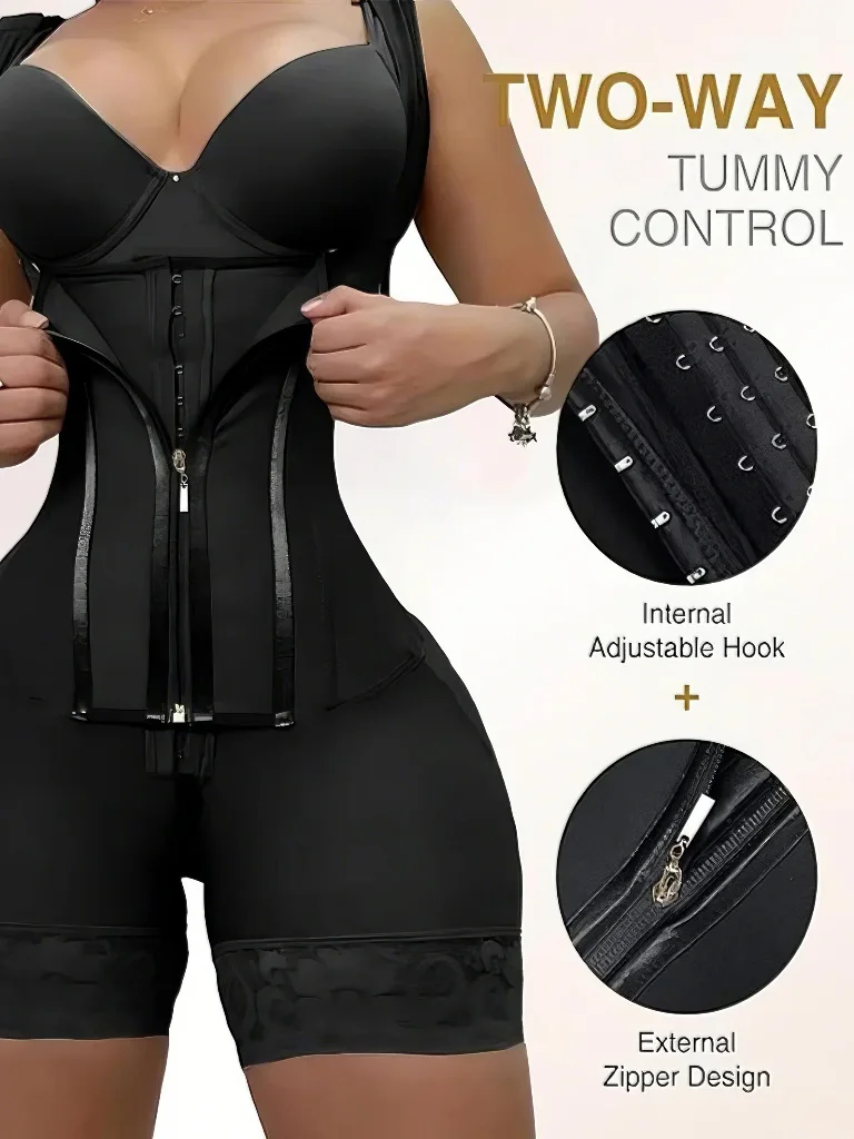 Women's Lace-Trimmed Shapewear Bodysuit - Tummy Control Corset with Adjustable Straps & Zipper, Black, Comfortable Waist Trainer