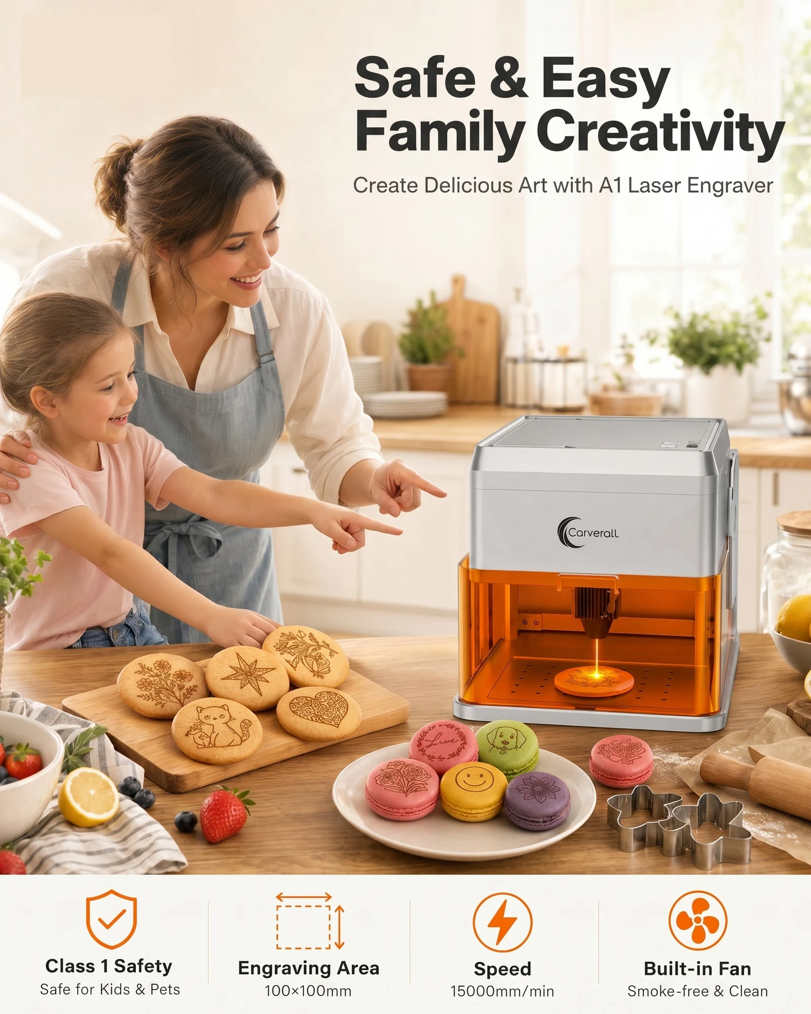 Carverall A1 Pro Laser Engraver Cutter with HD Camera, 7W/12W Diode Laser Machine, Class 1 Enclosed, 15000mm/min High Speed, 3-Level Height, WiFi App Control, for Wood Leather Metal Acrylic, Home DIY Small Business
