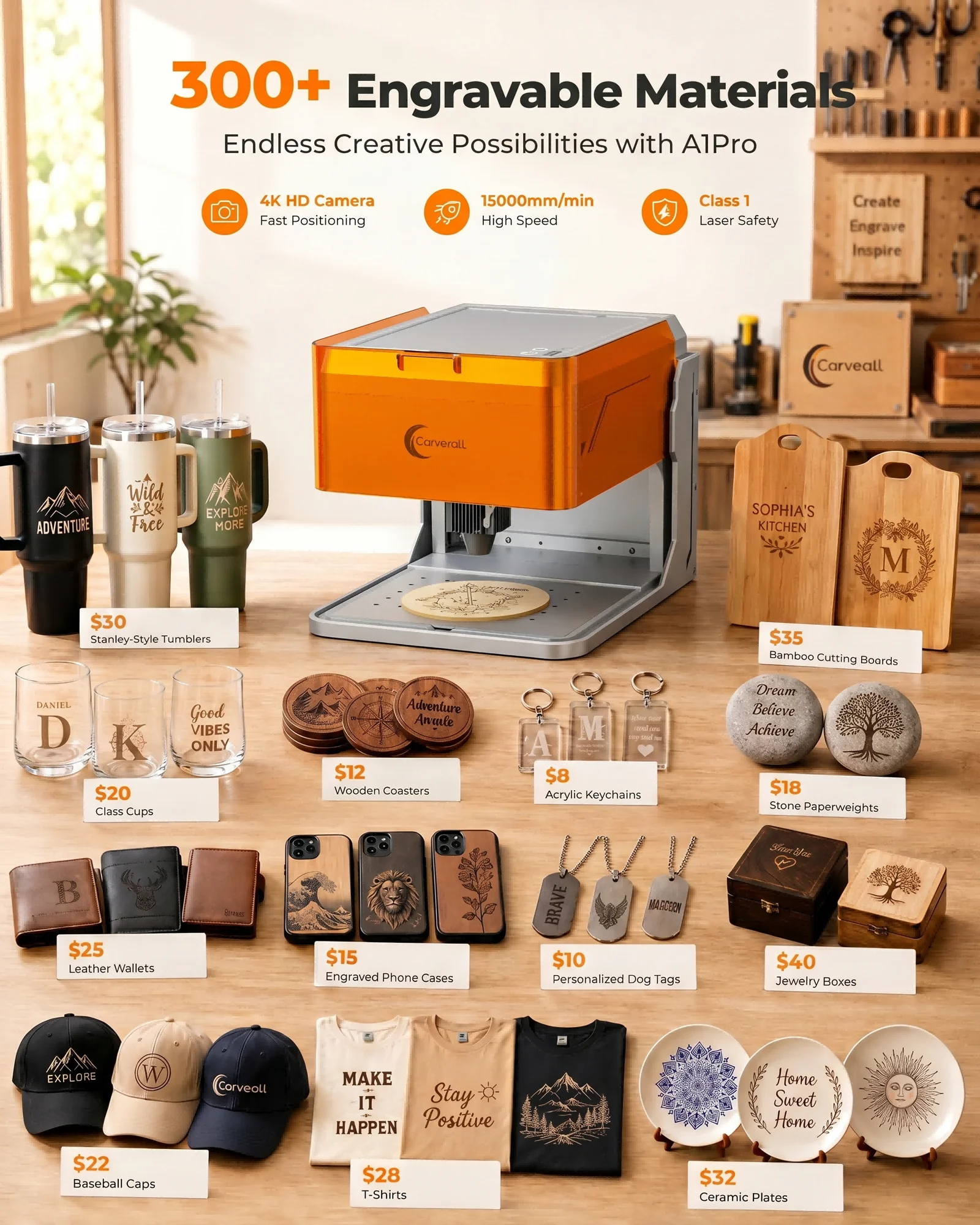 Carverall A1 Pro Laser Engraver Cutter with HD Camera, 7W/12W Diode Laser Machine, Class 1 Enclosed, 15000mm/min High Speed, 3-Level Height, WiFi App Control, for Wood Leather Metal Acrylic, Home DIY Small Business