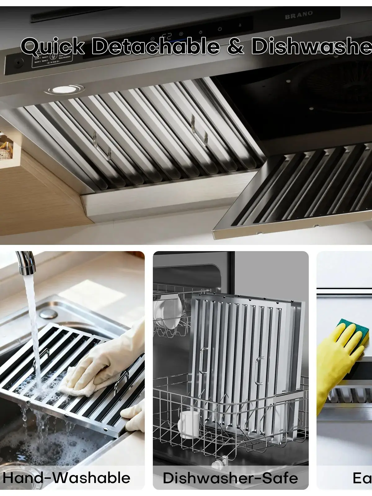BRANO Under Cabinet Range Hood 30 Inch, 1200 CFM DC Motor Kitchen Hood with 6 Speeds Fan, Stainless Steel Ducted Vent Hood