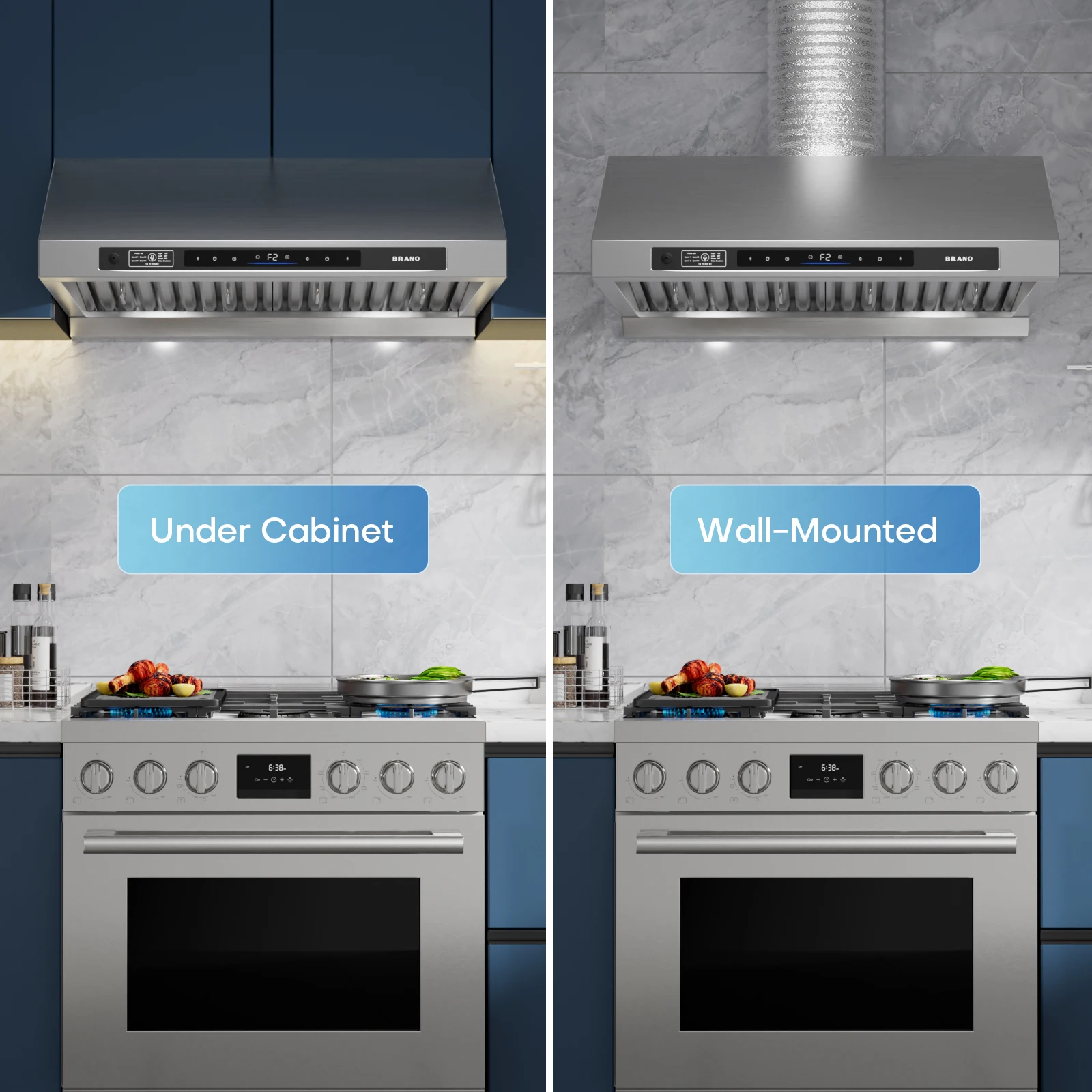 BRANO Under Cabinet Range Hood 30 Inch, 1200 CFM DC Motor Kitchen Hood with 6 Speeds Fan, Stainless Steel Ducted Vent Hood