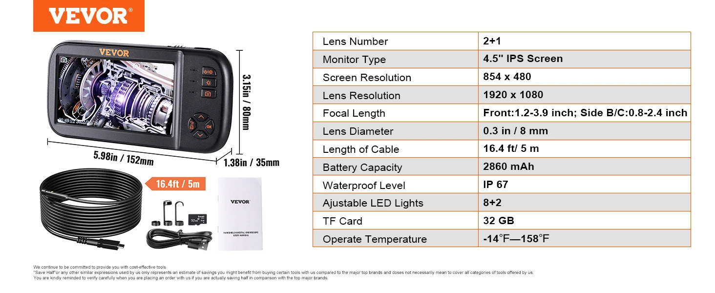 SucceBuy Triple Lens Borescope Camera 1080P 4.5" IPS Screen Endoscope Inspection Camera w/ IP67 Waterproof Industrial Endoscope