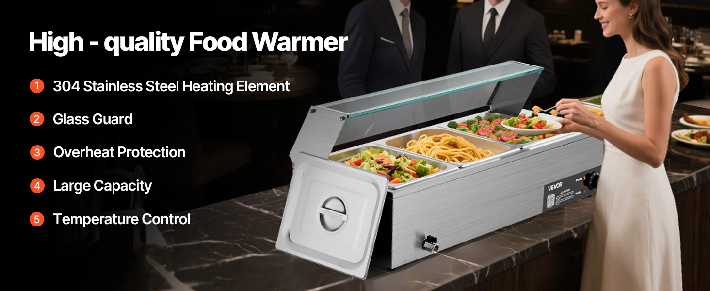 SucceBuy Commercial Food Warmer Electric Stainless Steel Steam Food Warmer with Glass Cover 3-Pan Countertop Buffet Bain Marie