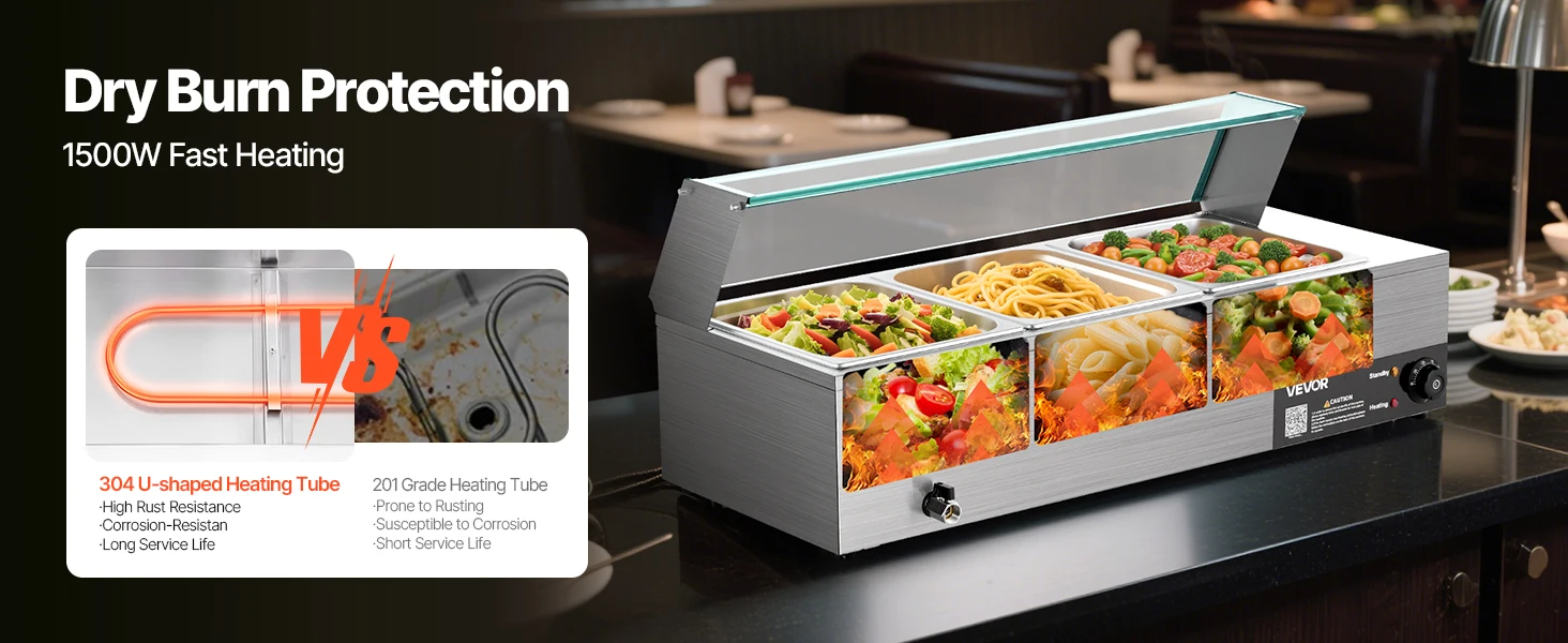SucceBuy Commercial Food Warmer Electric Stainless Steel Steam Food Warmer with Glass Cover 3-Pan Countertop Buffet Bain Marie