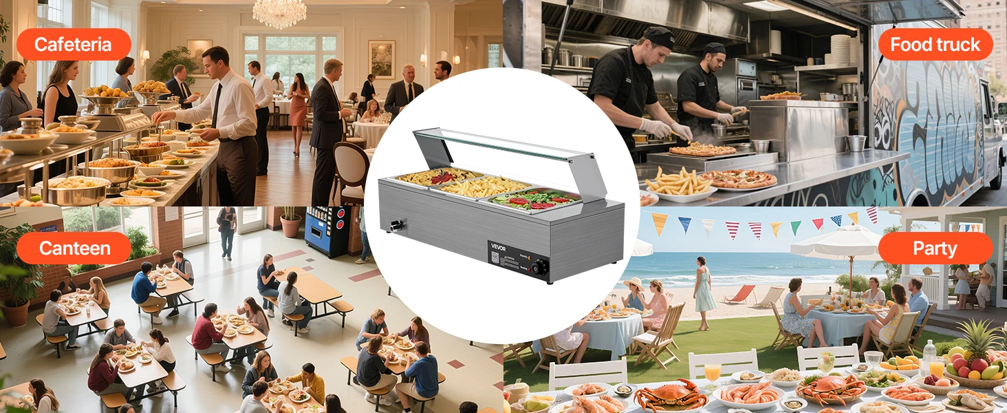 SucceBuy Commercial Food Warmer Electric Stainless Steel Steam Food Warmer with Glass Cover 3-Pan Countertop Buffet Bain Marie