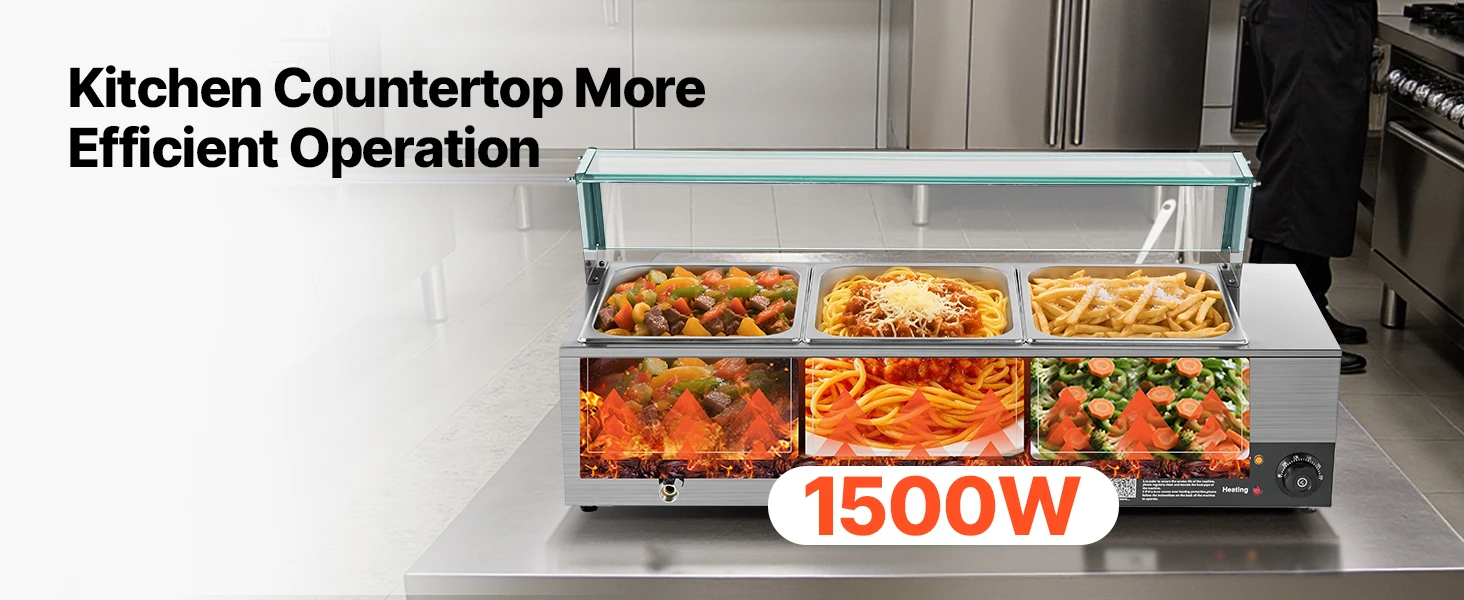 SucceBuy Commercial Food Warmer Electric Stainless Steel Steam Food Warmer with Glass Cover 3-Pan Countertop Buffet Bain Marie